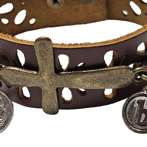 Vintage Brown Leather Floral Cut Out Bracelet Brass Cross Charms Spiritual Boho - Picture 4 of 8